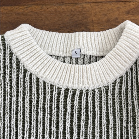 Aerie Dupe - Striped Crew Neck Sweater - Green and Cream - Picture 3 of 4